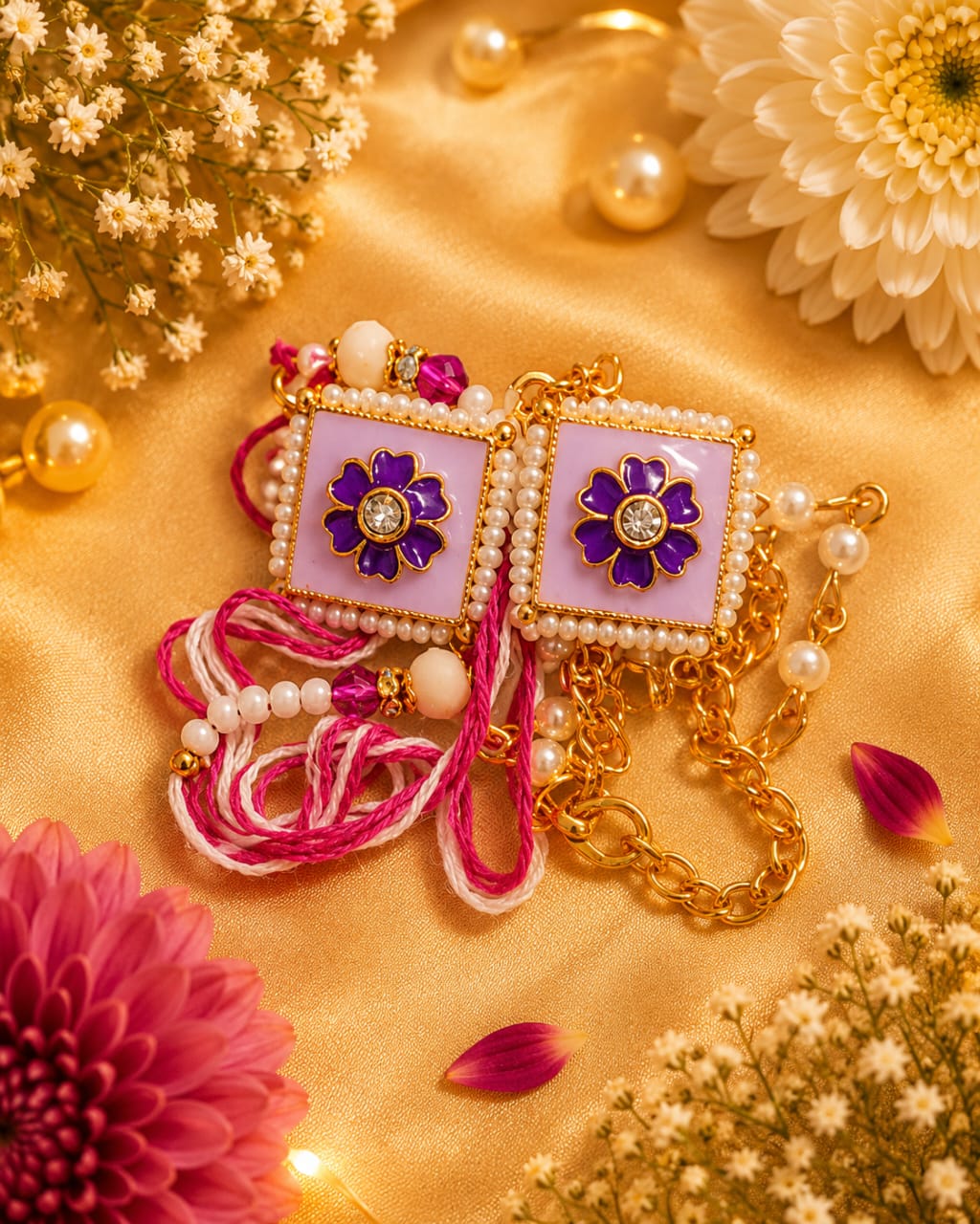 Purple Meenakari Diamond Square Pearl Bhaiya Bhabhi Rakhi Set
