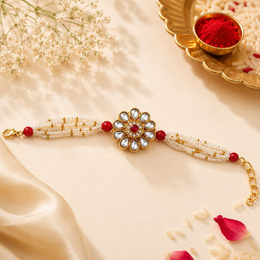 White Kundan Flower Bracelet Rakhi