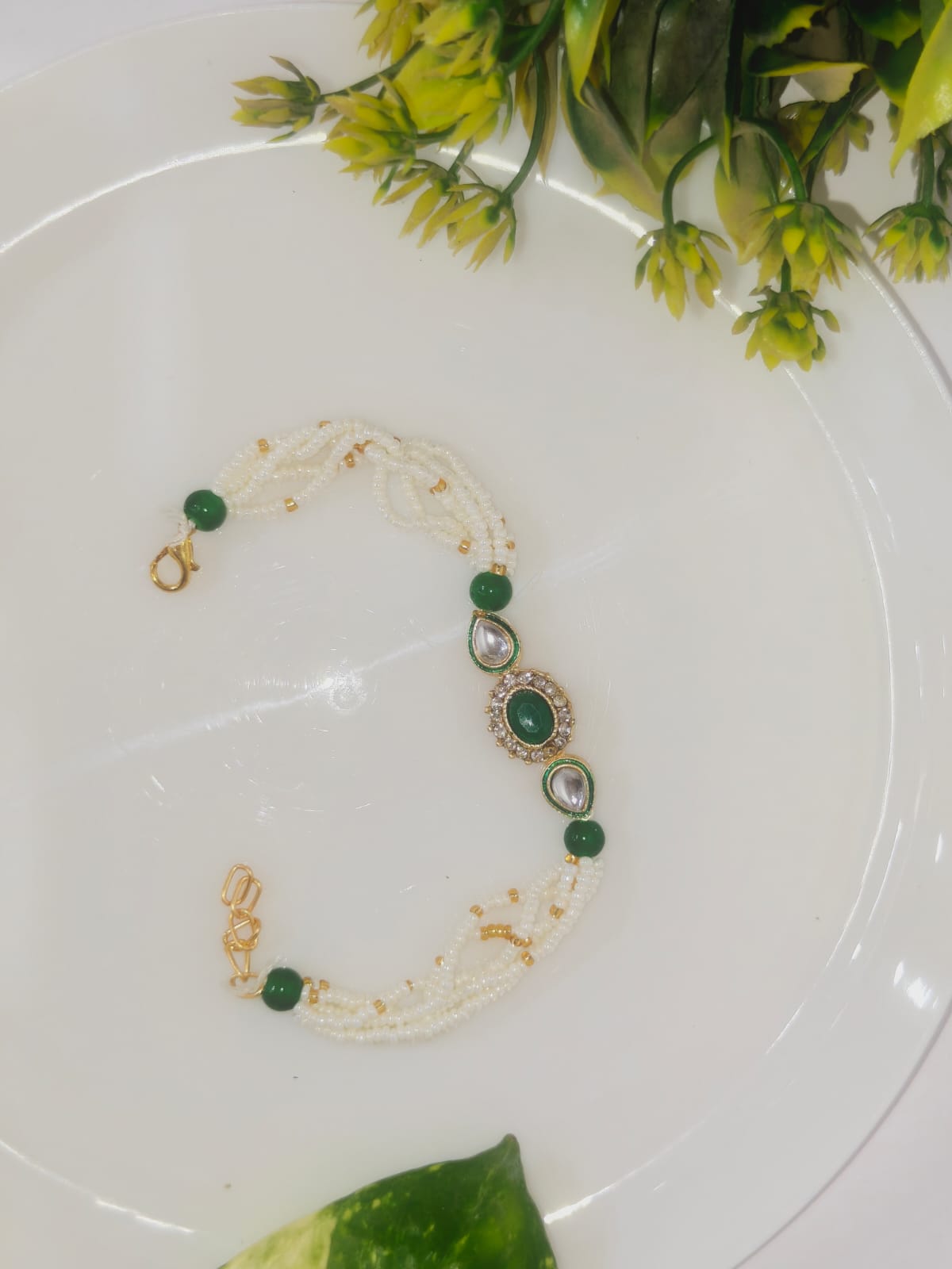 Green Kundan Oval Bracelet Rakhi