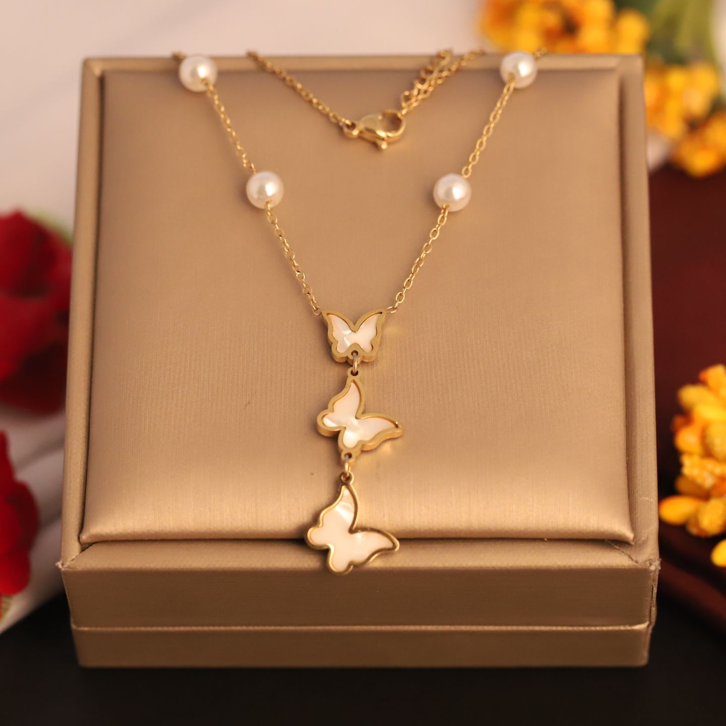 Anti Tarnish Triple Butterfly Shell Pendant Necklace