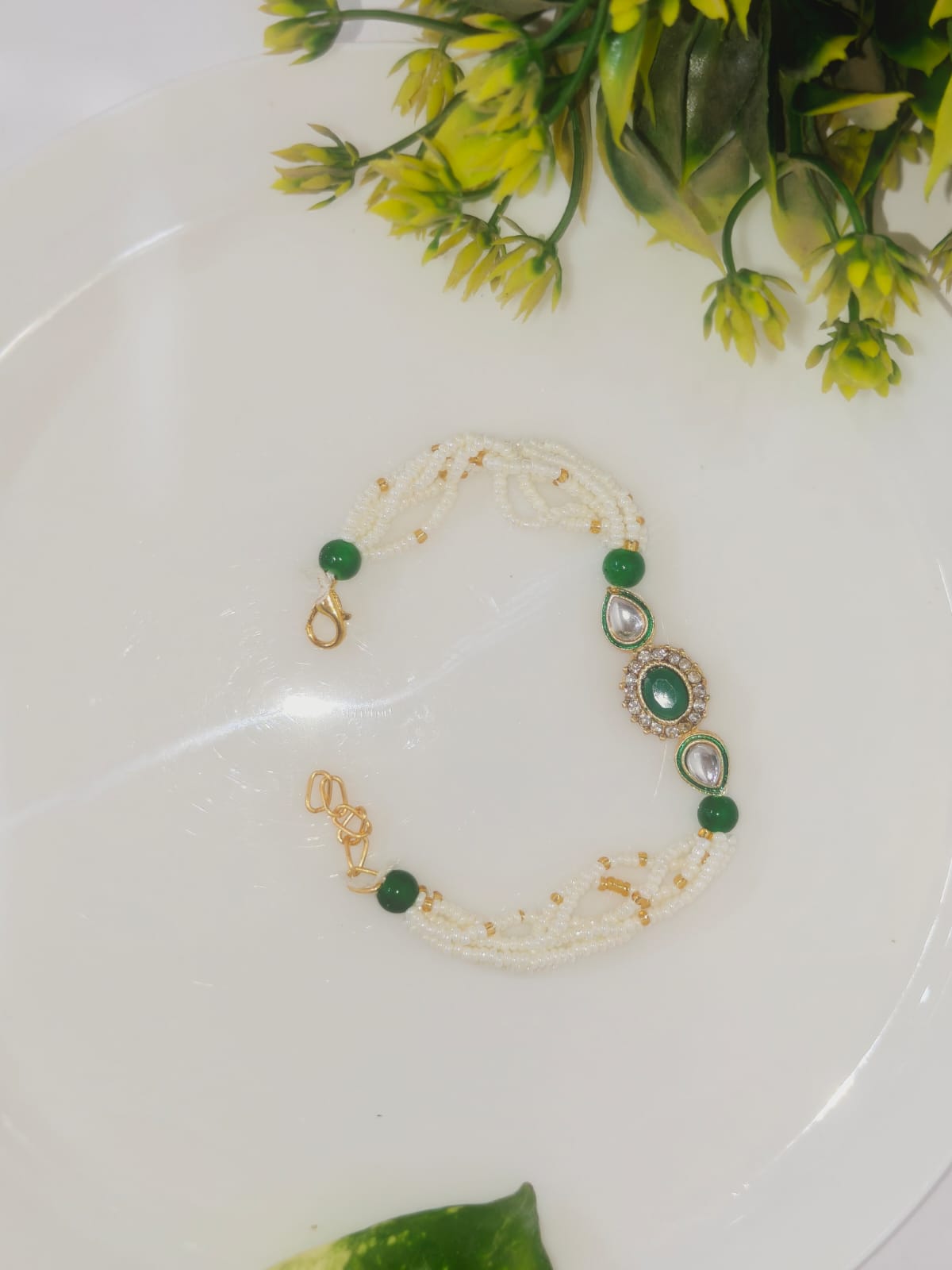 Green Kundan Oval Bracelet Rakhi