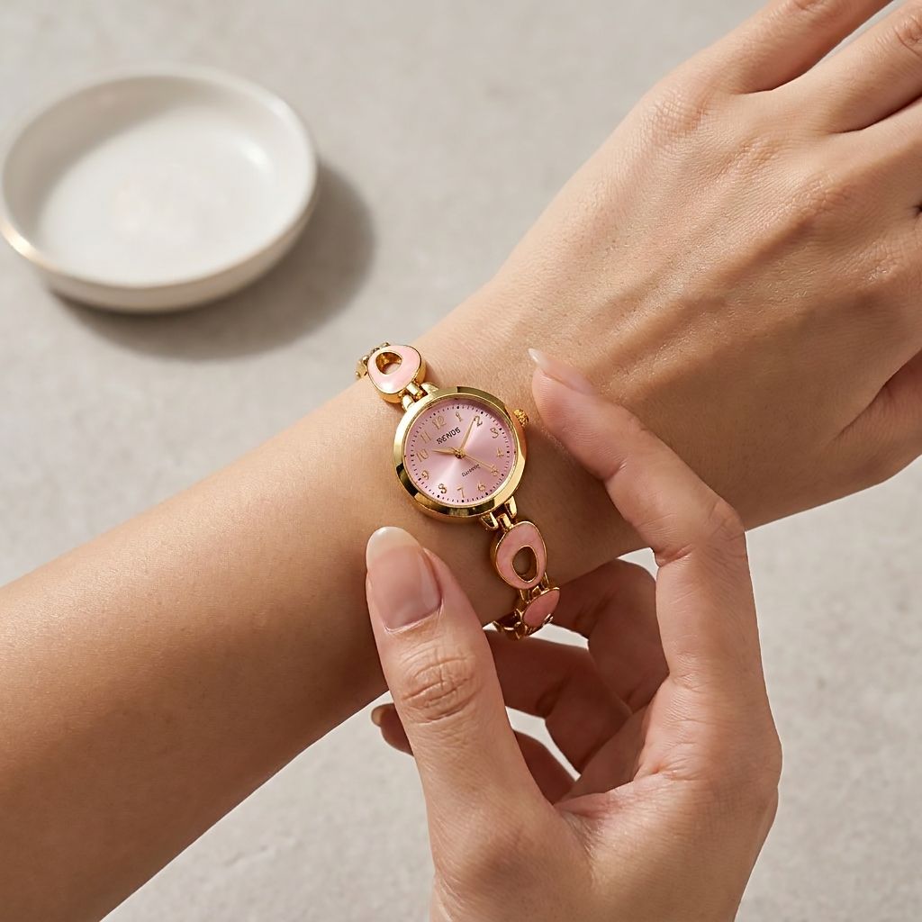 Pink Enamel Gold Bracelet Watch
