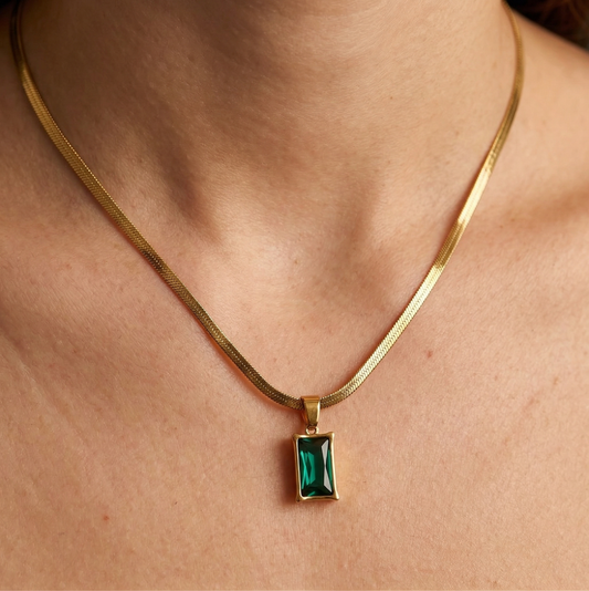 Anti Tarnish Emerald Green Crystal Herringbone Chain Necklace