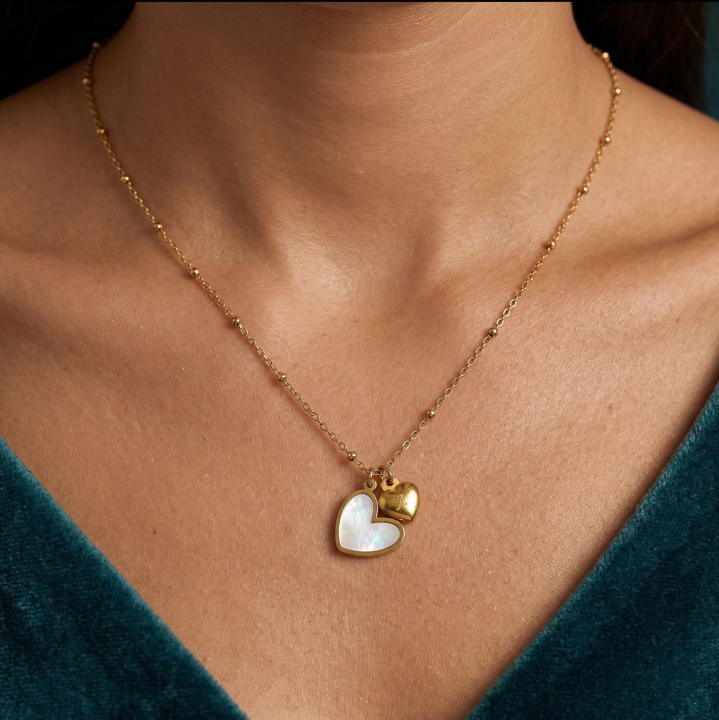 Anti Tarnish Double Heart Shell Satellite Chain Necklace